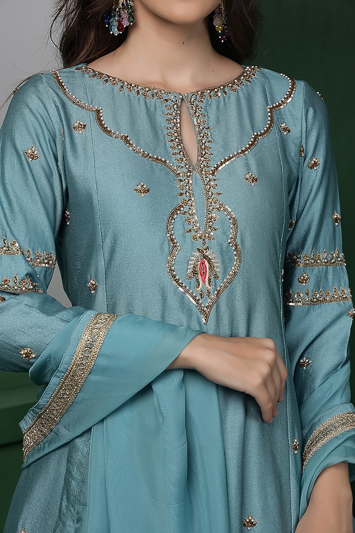 Dull Teal Katan Silk Hand Embroidered Kurta Set by Milu Madan at Pernia's Pop Up Shop