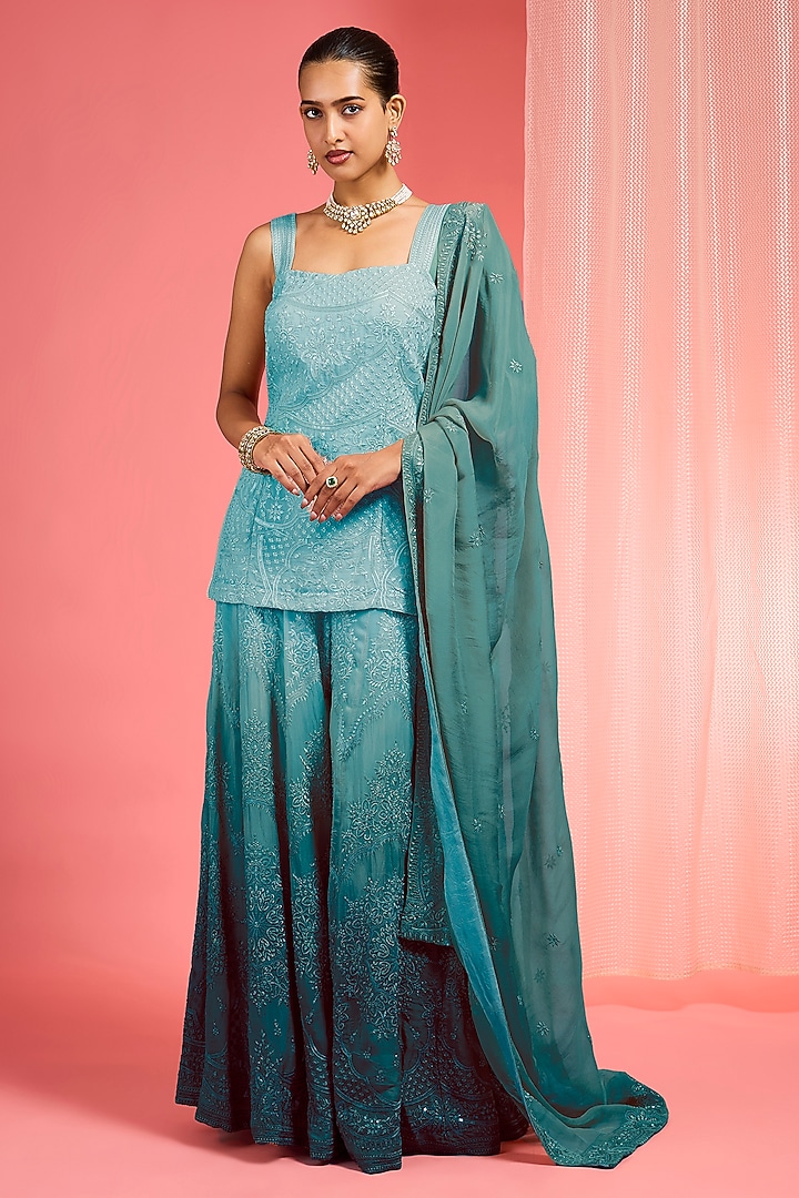 Green Ombre Organza Resham Work Wedding Sharara Set by Milu Madan at Pernia's Pop Up Shop