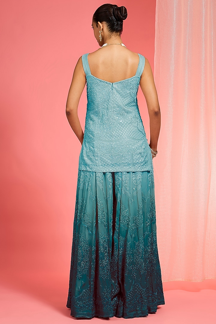 Green Ombre Organza Resham Work Wedding Sharara Set by Milu Madan at Pernia's Pop Up Shop