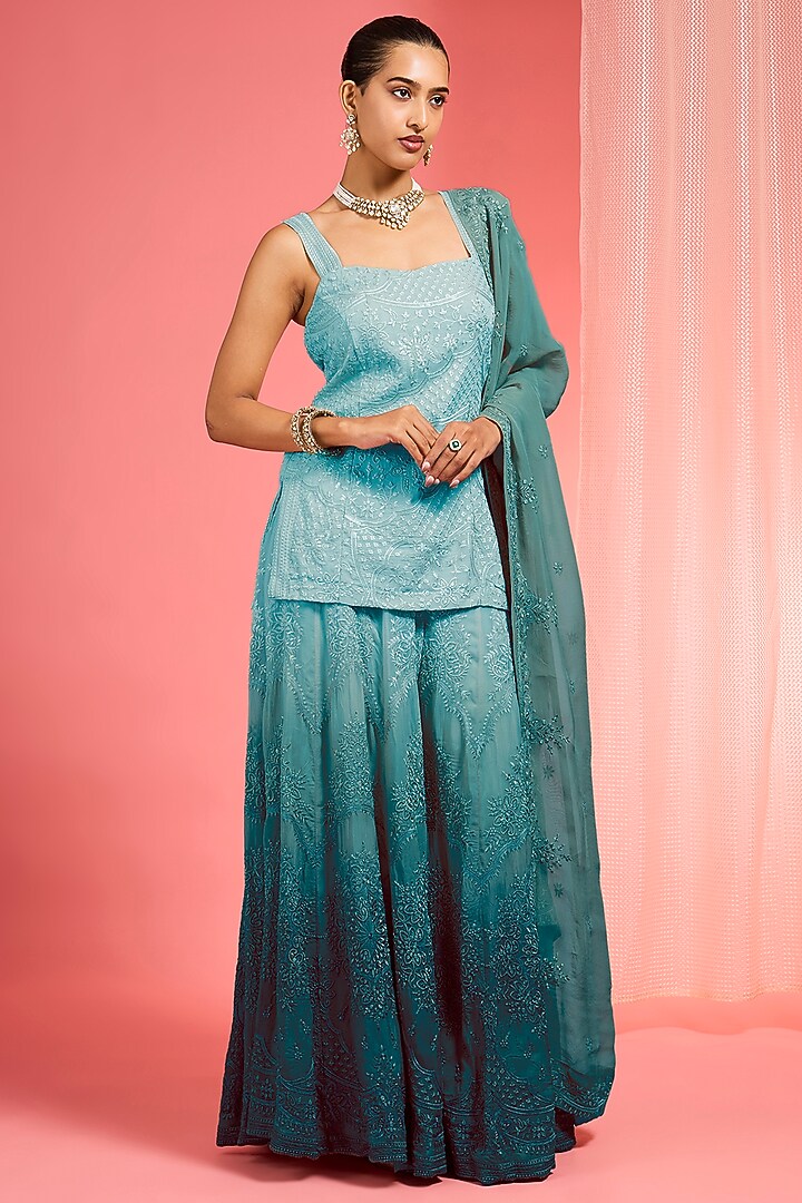 Green Ombre Organza Resham Work Wedding Sharara Set by Milu Madan at Pernia's Pop Up Shop