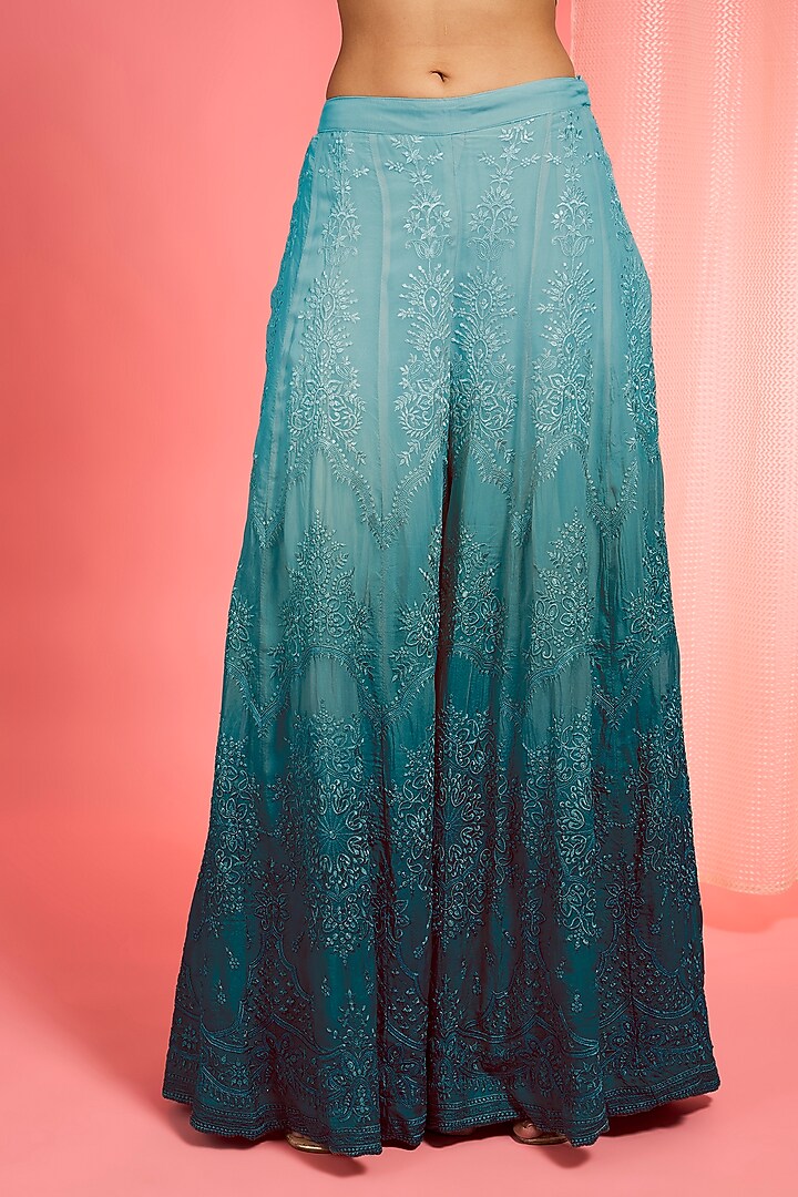 Green Ombre Organza Resham Work Wedding Sharara Set by Milu Madan at Pernia's Pop Up Shop
