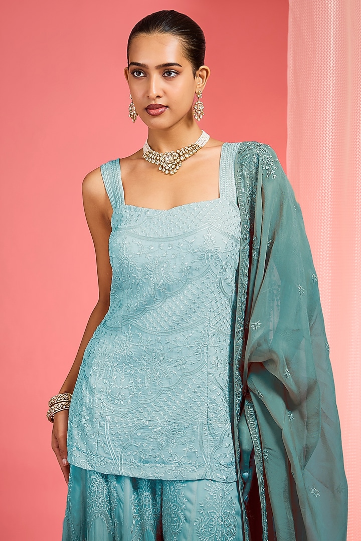 Green Ombre Organza Resham Work Wedding Sharara Set by Milu Madan at Pernia's Pop Up Shop