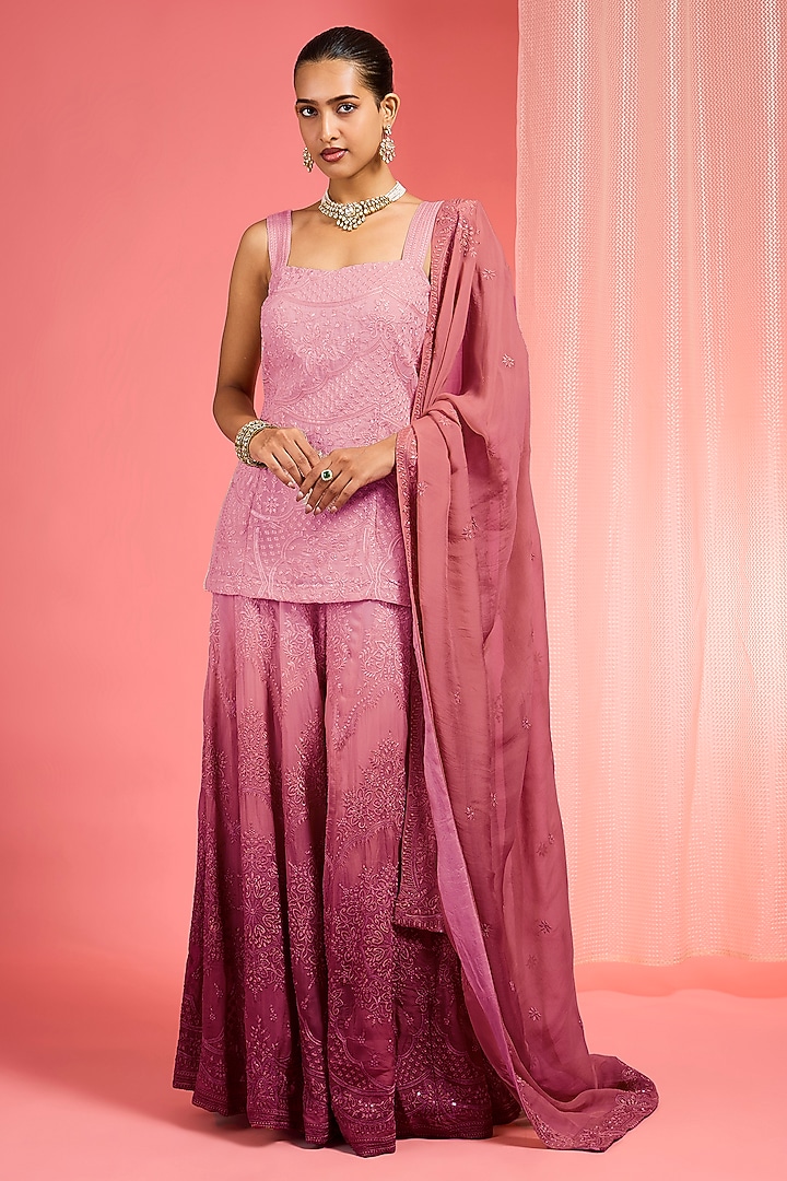Dull Pink Ombre Organza Resham Work Wedding Sharara Set by Milu Madan at Pernia's Pop Up Shop