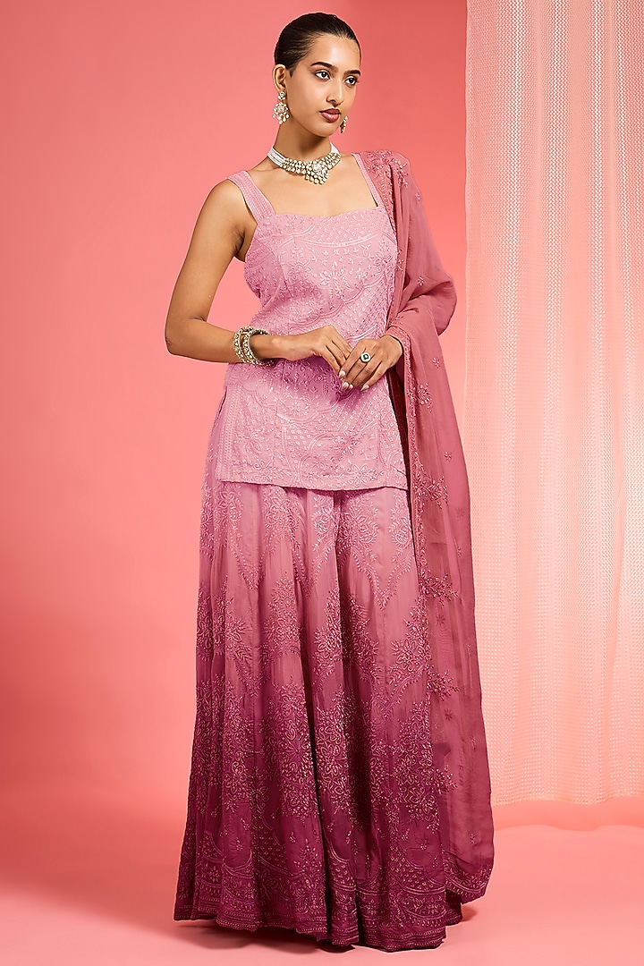 Dull Pink Ombre Organza Resham Work Wedding Sharara Set by Milu Madan at Pernia's Pop Up Shop