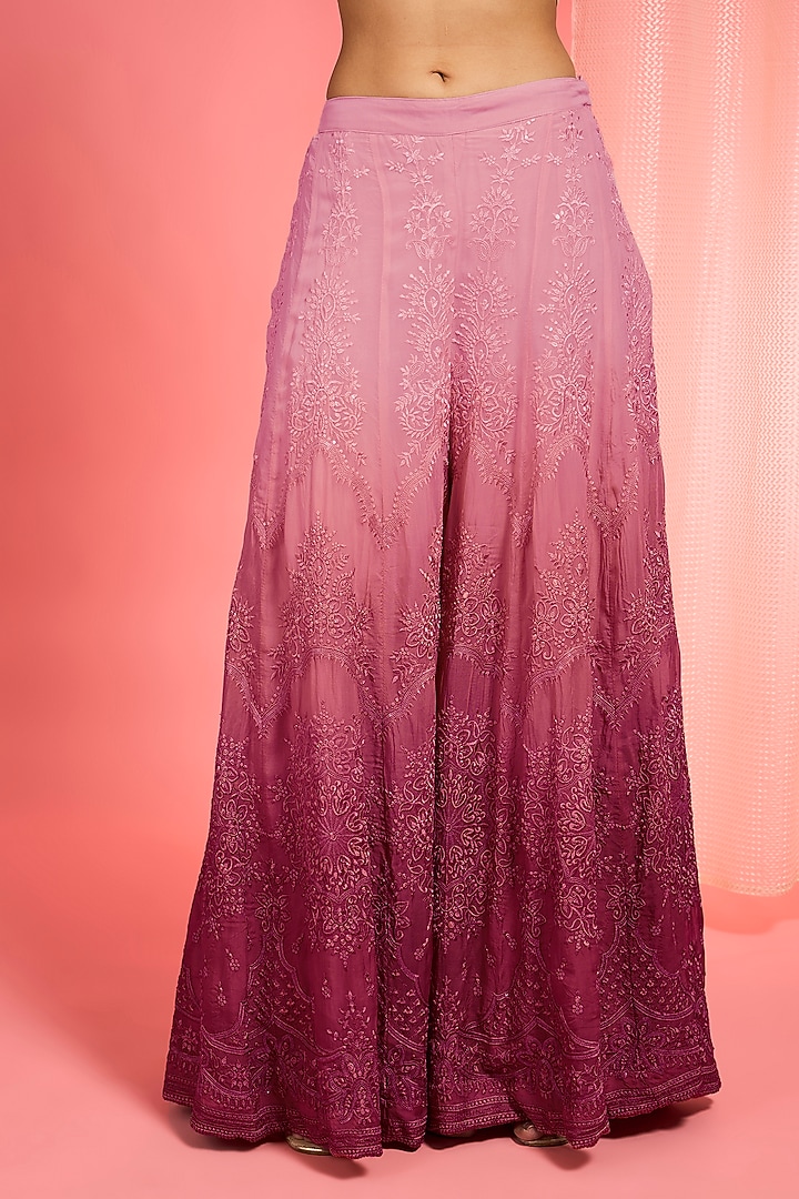 Dull Pink Ombre Organza Resham Work Wedding Sharara Set by Milu Madan at Pernia's Pop Up Shop