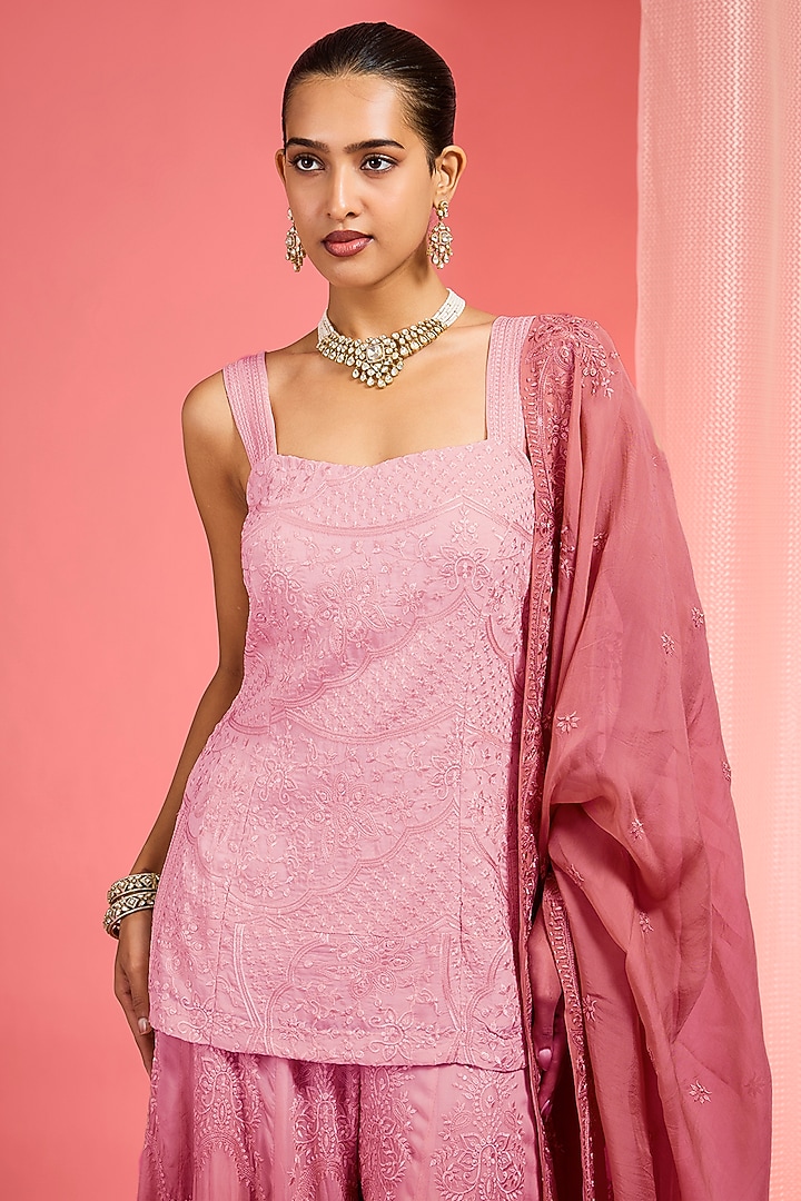 Dull Pink Ombre Organza Resham Work Wedding Sharara Set by Milu Madan at Pernia's Pop Up Shop