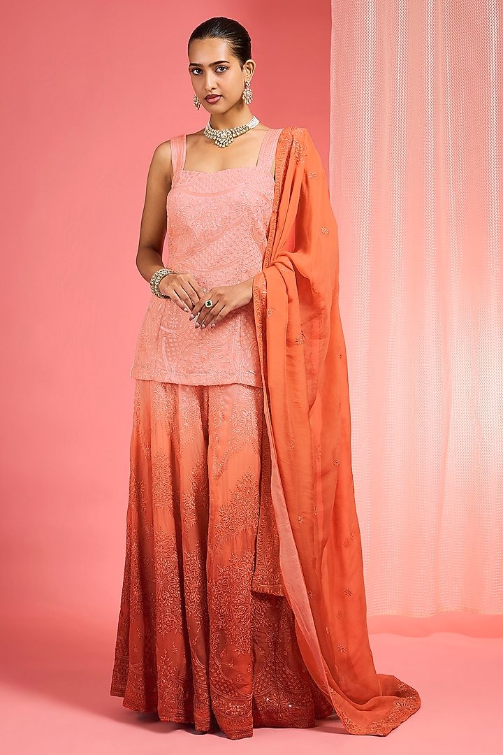 Orange Ombre Organza Resham Work Wedding Sharara Set by Milu Madan at Pernia's Pop Up Shop