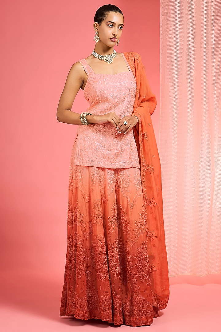 Orange Ombre Organza Resham Work Wedding Sharara Set by Milu Madan at Pernia's Pop Up Shop