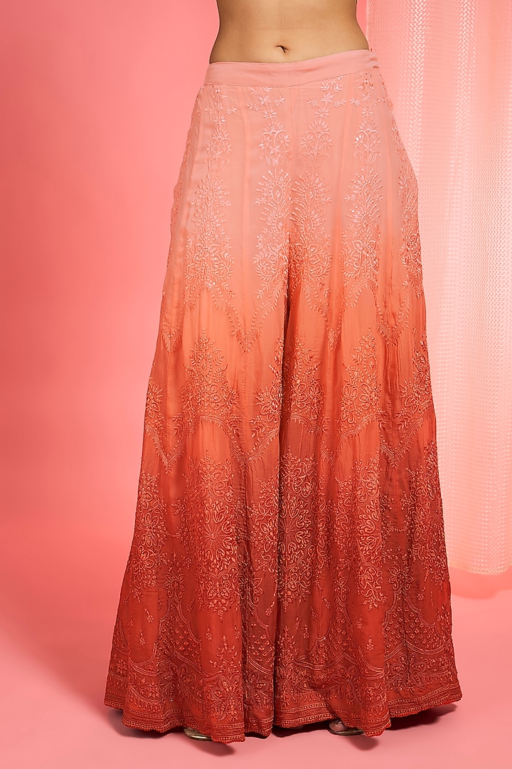 Orange Ombre Organza Resham Work Wedding Sharara Set by Milu Madan at Pernia's Pop Up Shop