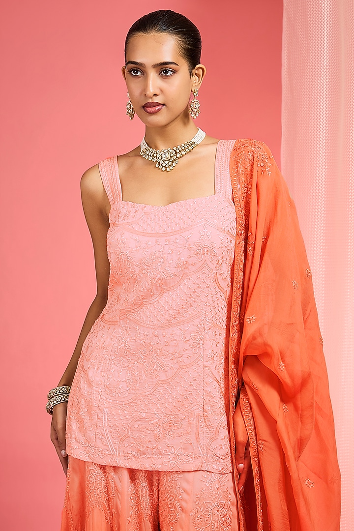 Orange Ombre Organza Resham Work Wedding Sharara Set by Milu Madan at Pernia's Pop Up Shop