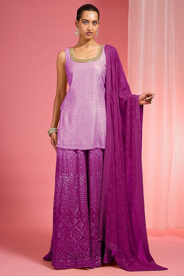 Lavender Ombre Georgette Resham Work Wedding Sharara Set by Milu Madan at Pernia's Pop Up Shop