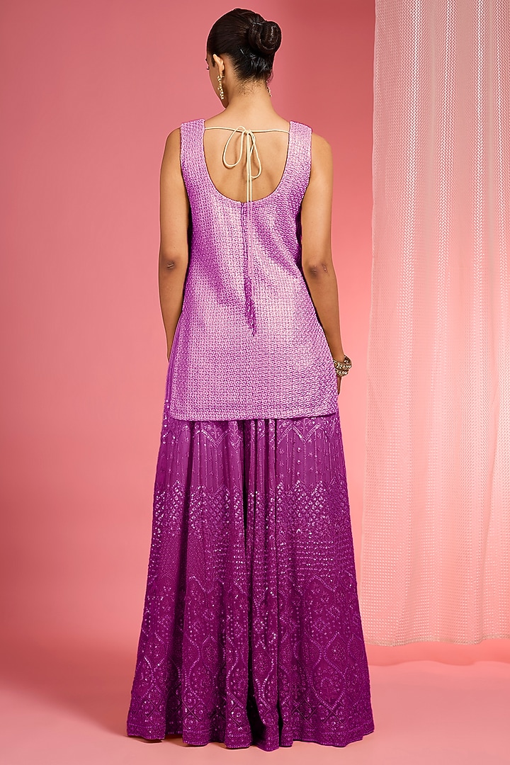 Lavender Ombre Georgette Resham Work Wedding Sharara Set by Milu Madan at Pernia's Pop Up Shop