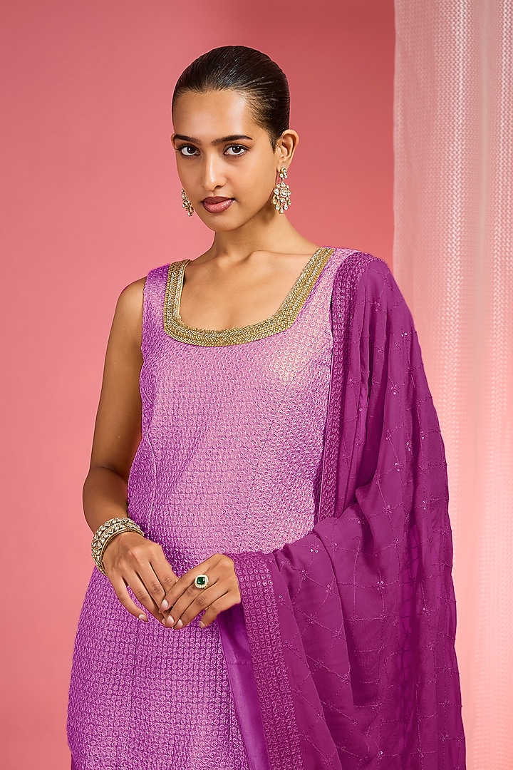 Lavender Ombre Georgette Resham Work Wedding Sharara Set by Milu Madan at Pernia's Pop Up Shop