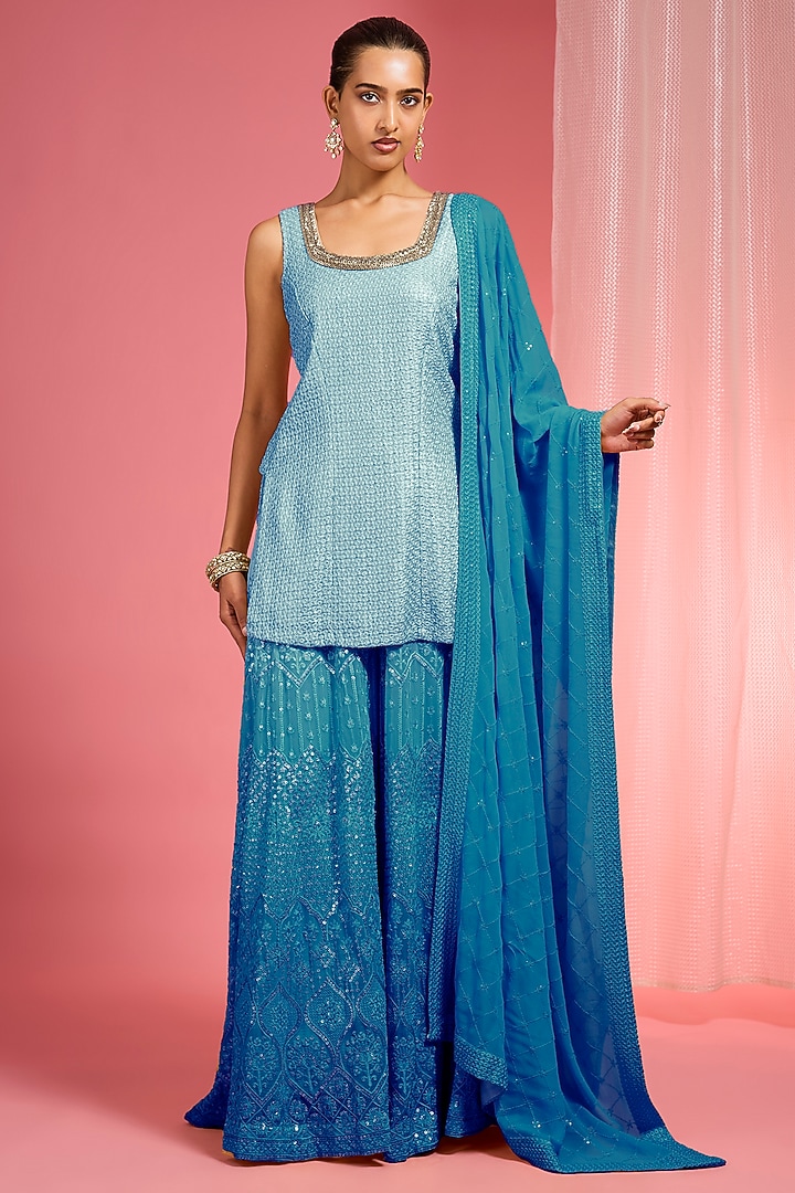 Blue Ombre Georgette Resham Work Wedding Sharara Set by Milu Madan at Pernia's Pop Up Shop