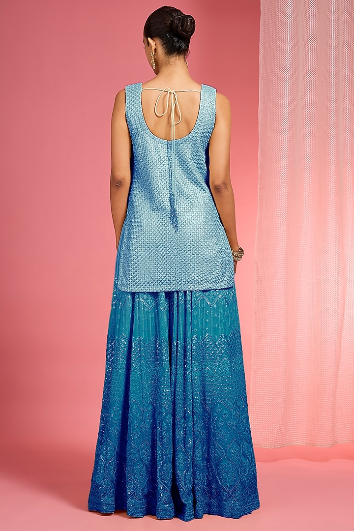 Blue Ombre Georgette Resham Work Wedding Sharara Set by Milu Madan at Pernia's Pop Up Shop