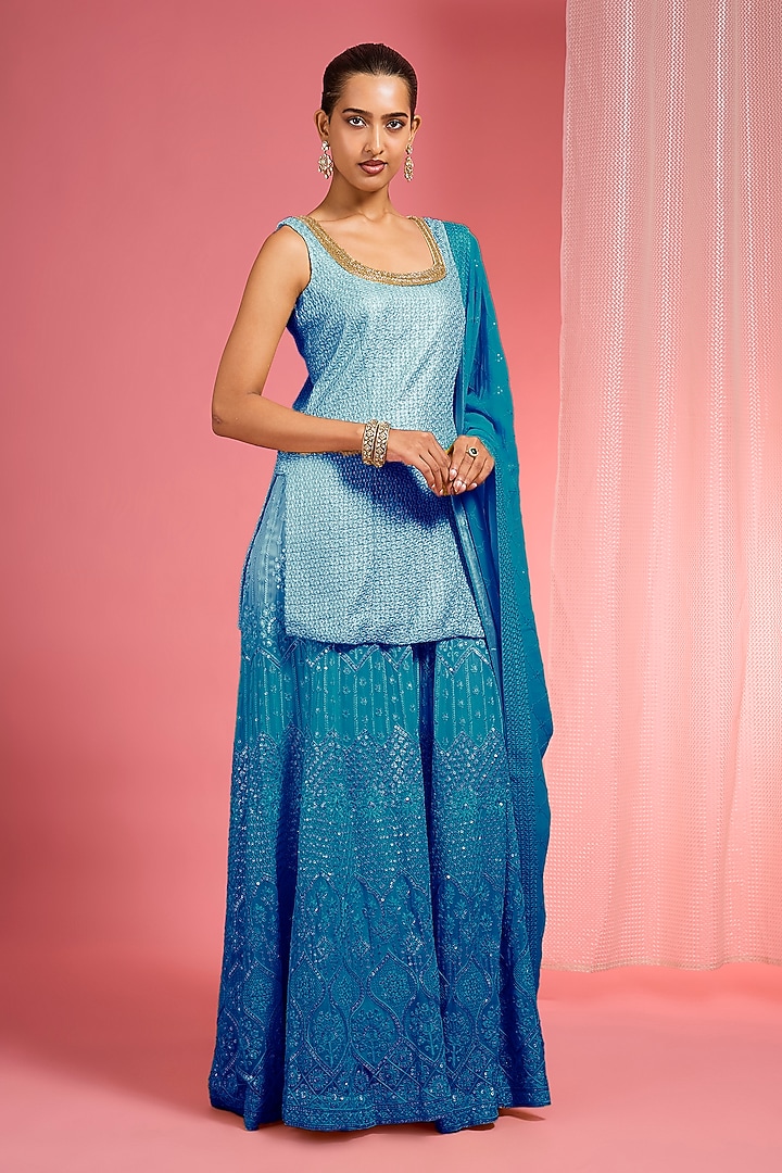 Blue Ombre Georgette Resham Work Wedding Sharara Set by Milu Madan at Pernia's Pop Up Shop