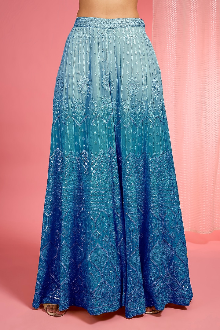 Blue Ombre Georgette Resham Work Wedding Sharara Set by Milu Madan at Pernia's Pop Up Shop