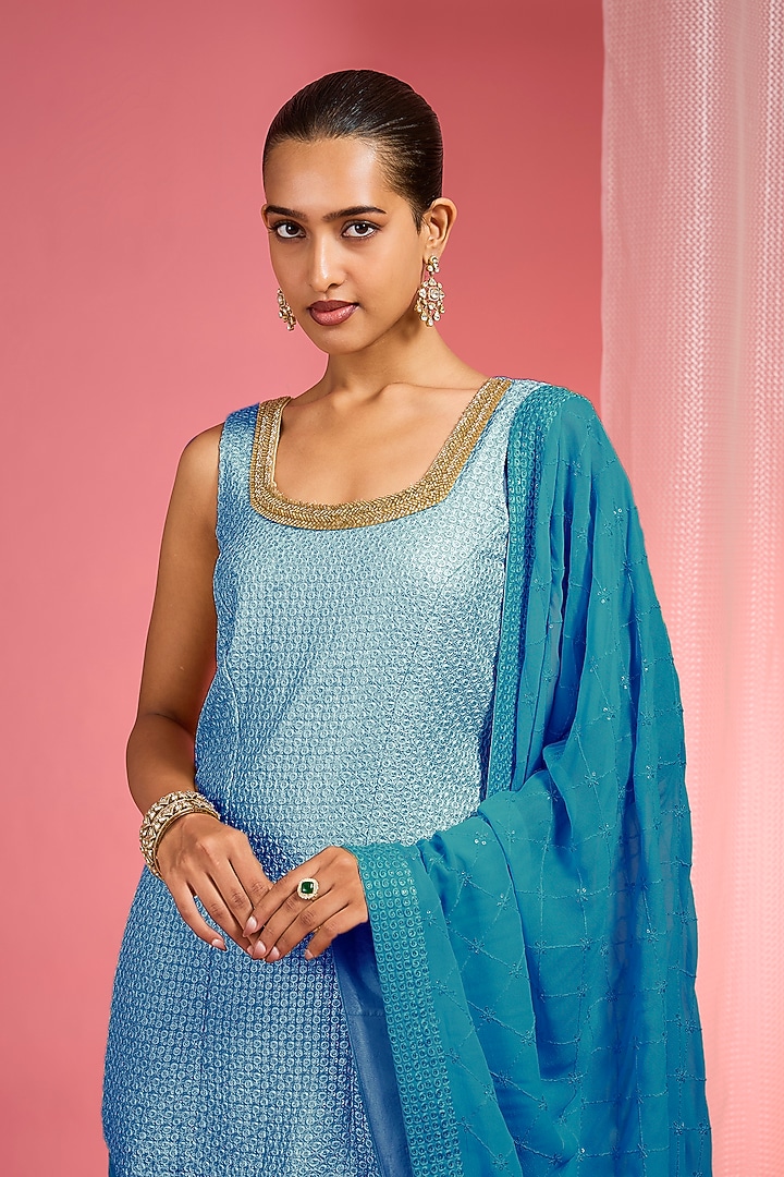Blue Ombre Georgette Resham Work Wedding Sharara Set by Milu Madan at Pernia's Pop Up Shop