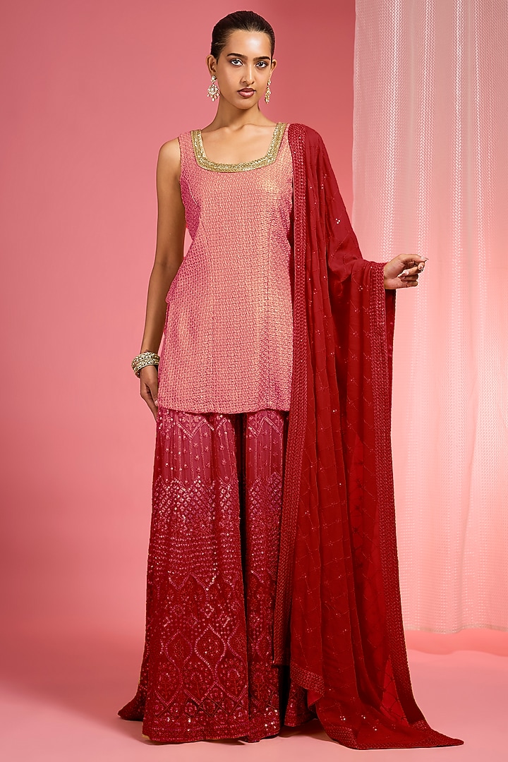 Brick Red Ombre Georgette Resham Work Wedding Sharara Set by Milu Madan at Pernia's Pop Up Shop