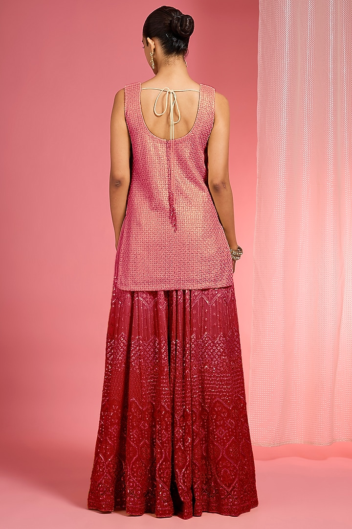 Brick Red Ombre Georgette Resham Work Wedding Sharara Set by Milu Madan at Pernia's Pop Up Shop