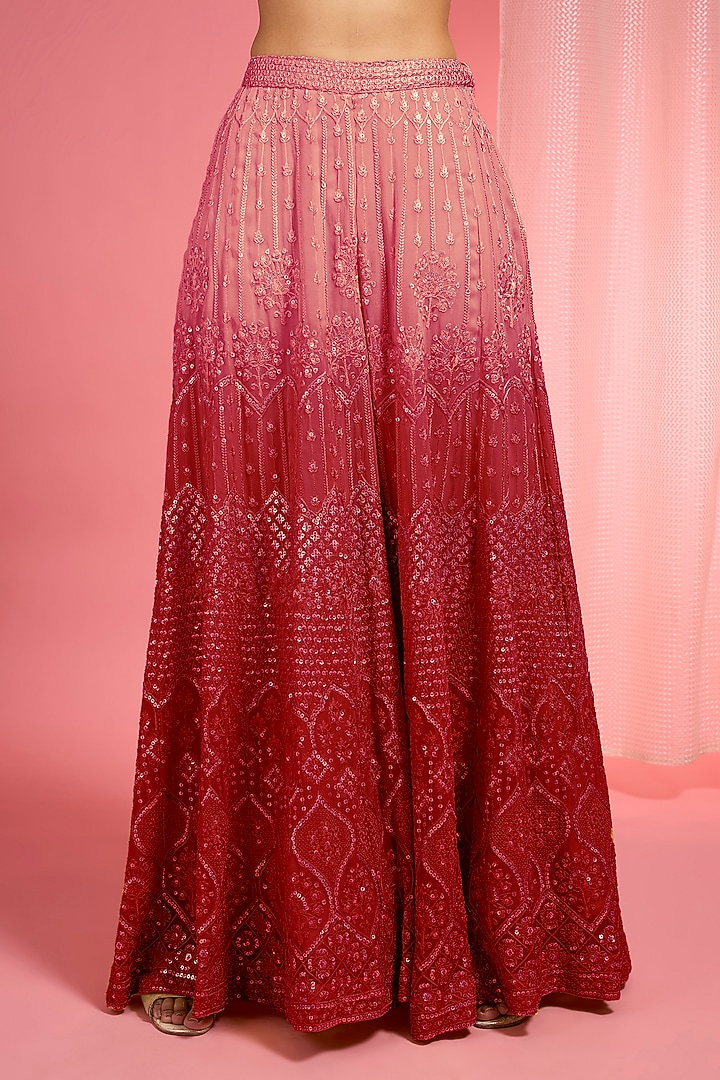 Brick Red Ombre Georgette Resham Work Wedding Sharara Set by Milu Madan at Pernia's Pop Up Shop