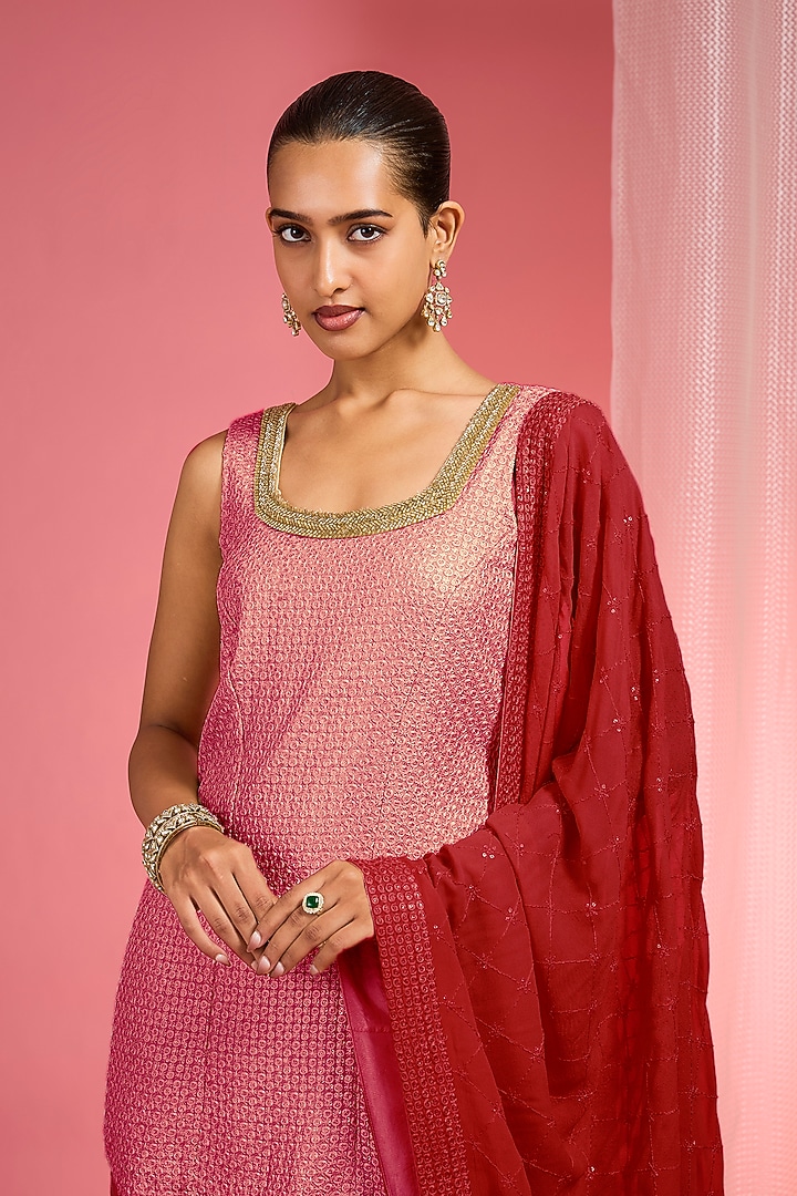 Brick Red Ombre Georgette Resham Work Wedding Sharara Set by Milu Madan at Pernia's Pop Up Shop