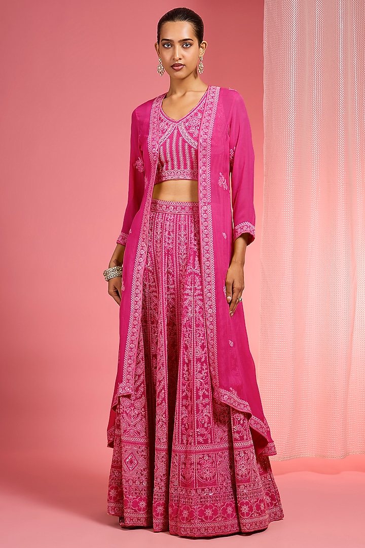 Hot Pink Georgette Dori & Resham Work Wedding Lehenga Set by Milu Madan at Pernia's Pop Up Shop