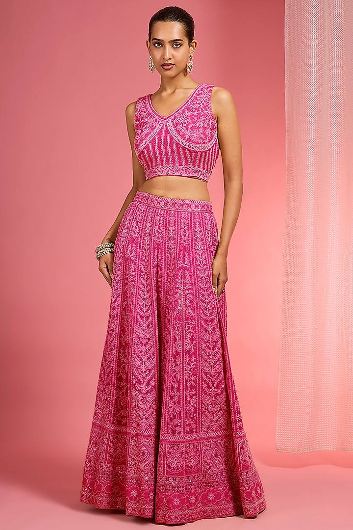 Hot Pink Georgette Dori & Resham Work Wedding Lehenga Set by Milu Madan at Pernia's Pop Up Shop