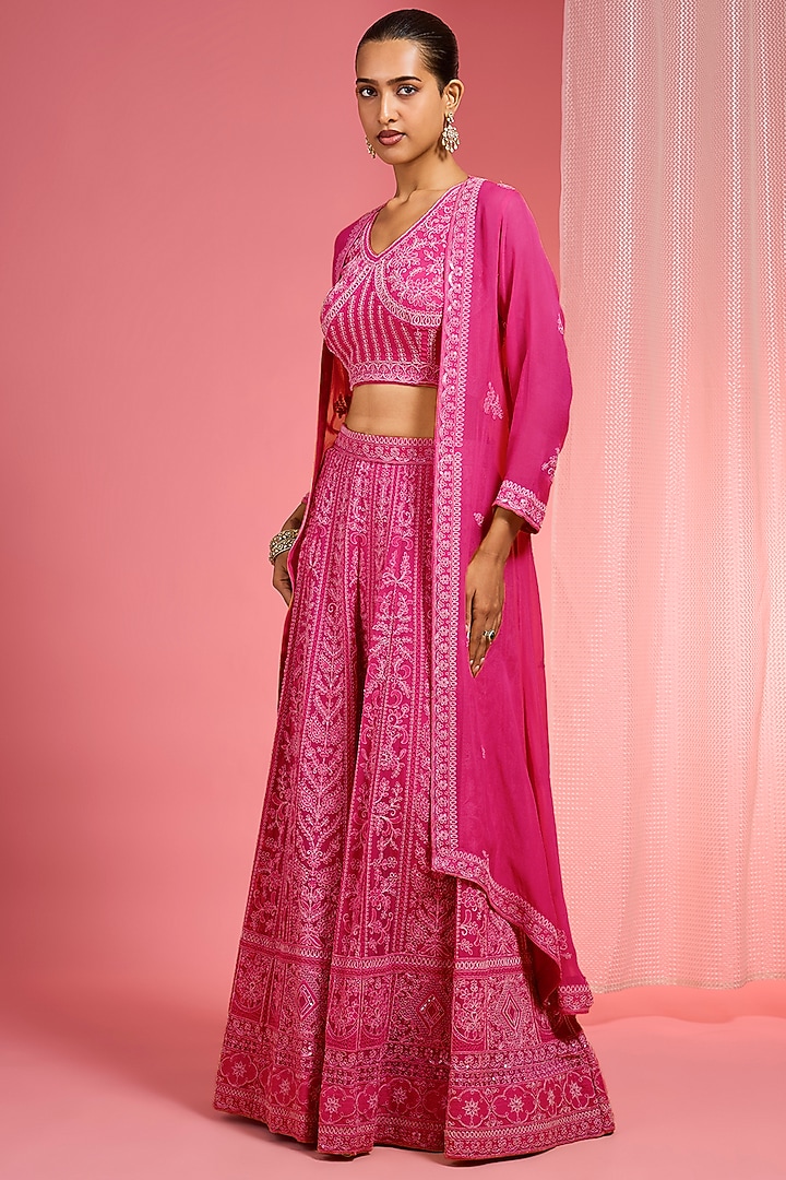 Hot Pink Georgette Dori & Resham Work Wedding Lehenga Set by Milu Madan at Pernia's Pop Up Shop