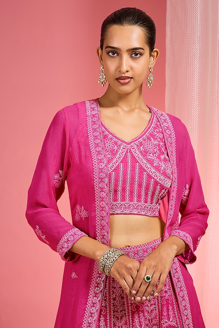 Hot Pink Georgette Dori & Resham Work Wedding Lehenga Set by Milu Madan at Pernia's Pop Up Shop