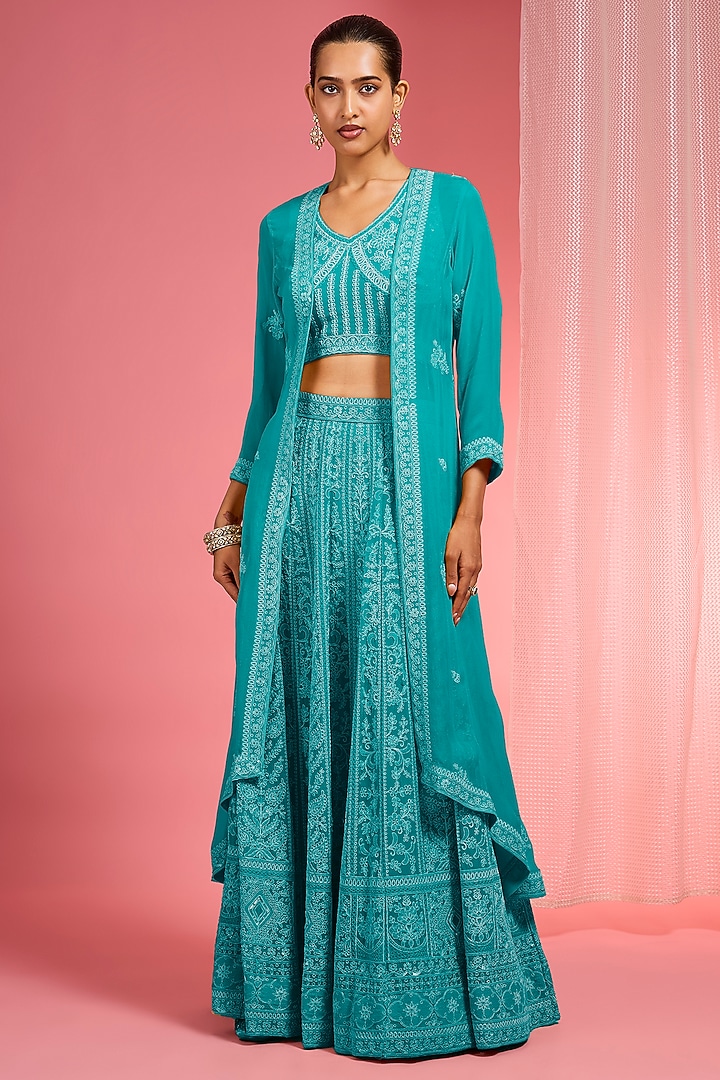 Dark Sea Green Georgette Dori & Resham Work Wedding Lehenga Set by Milu Madan at Pernia's Pop Up Shop