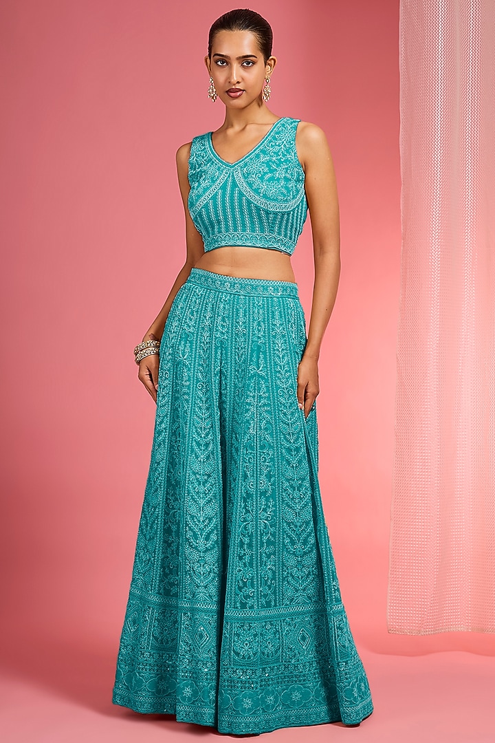 Dark Sea Green Georgette Dori & Resham Work Wedding Lehenga Set by Milu Madan at Pernia's Pop Up Shop