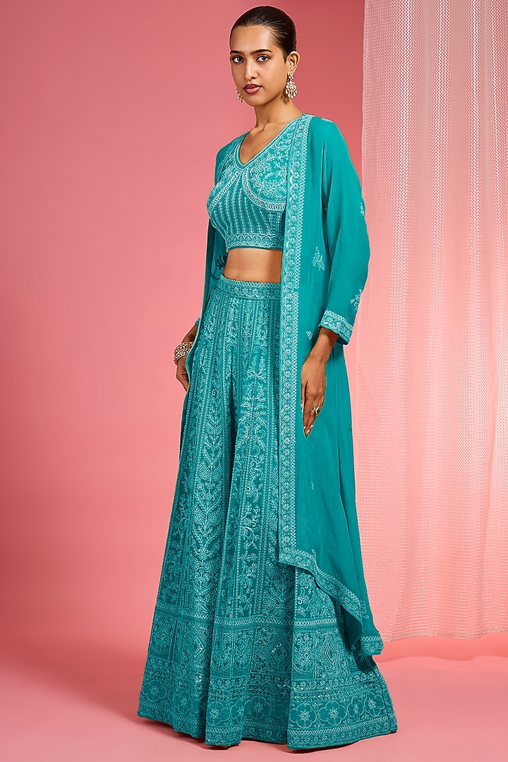 Dark Sea Green Georgette Dori & Resham Work Wedding Lehenga Set by Milu Madan at Pernia's Pop Up Shop