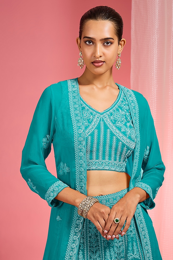 Dark Sea Green Georgette Dori & Resham Work Wedding Lehenga Set by Milu Madan at Pernia's Pop Up Shop