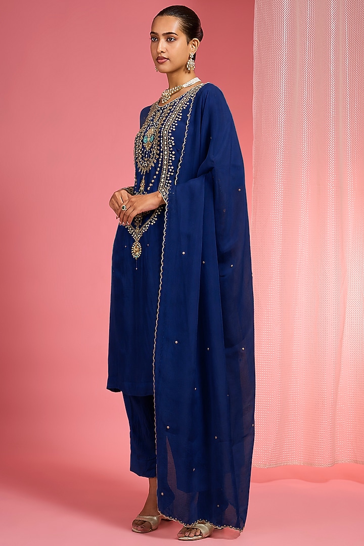Rich Blue Organza Hand Embroidered Kurta Set by Milu Madan at Pernia's Pop Up Shop