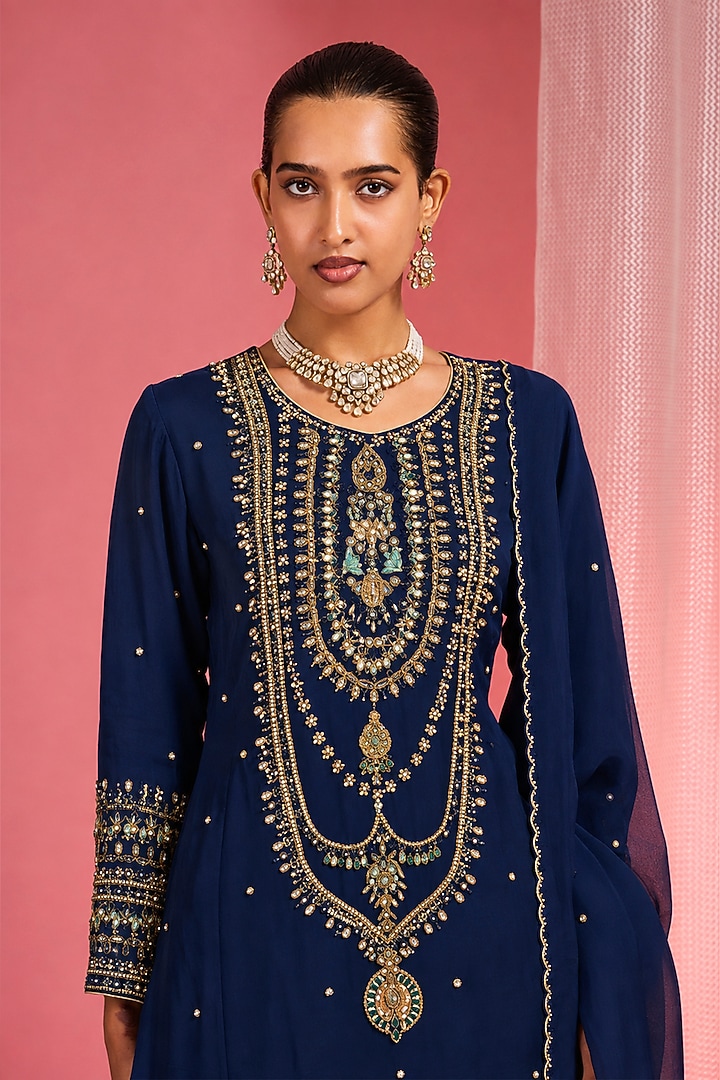 Rich Blue Organza Hand Embroidered Kurta Set by Milu Madan at Pernia's Pop Up Shop