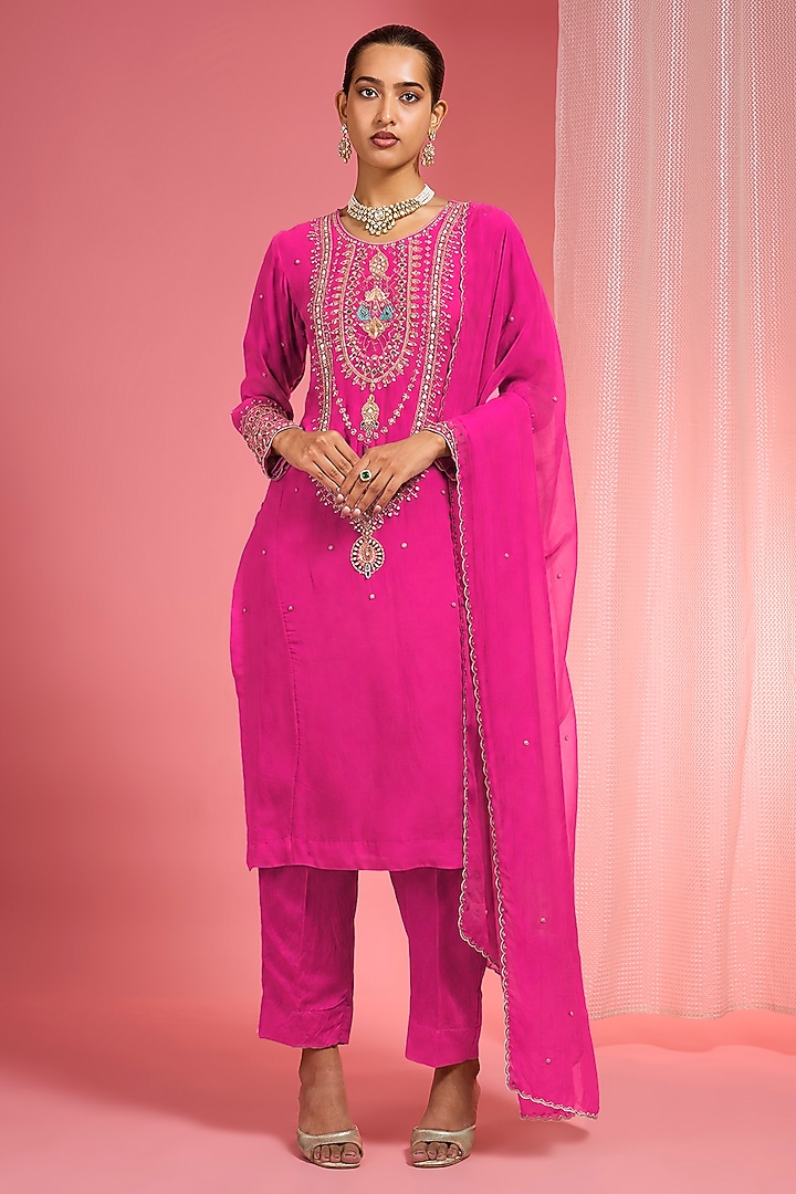 Fuchsia Organza Hand Embroidered Kurta Set by Milu Madan at Pernia's Pop Up Shop