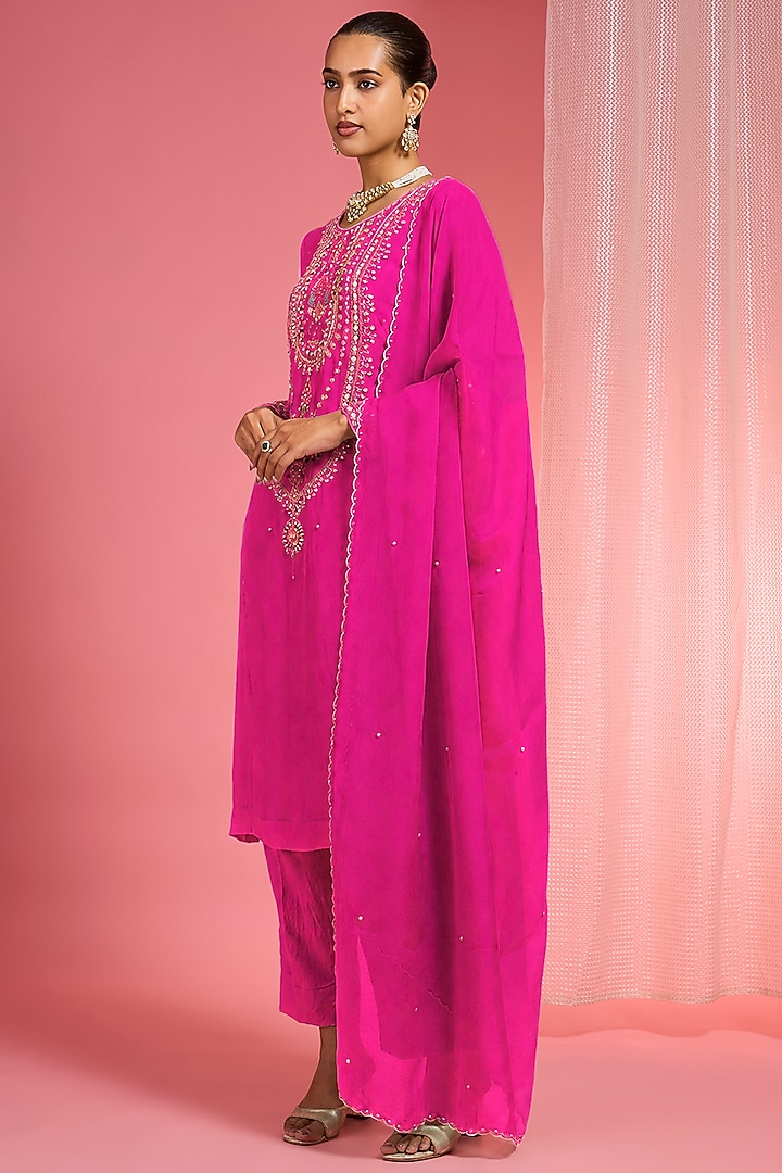 Fuchsia Organza Hand Embroidered Kurta Set by Milu Madan at Pernia's Pop Up Shop