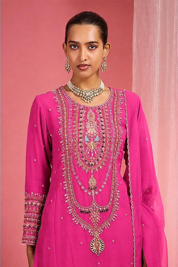 Fuchsia Organza Hand Embroidered Kurta Set by Milu Madan at Pernia's Pop Up Shop
