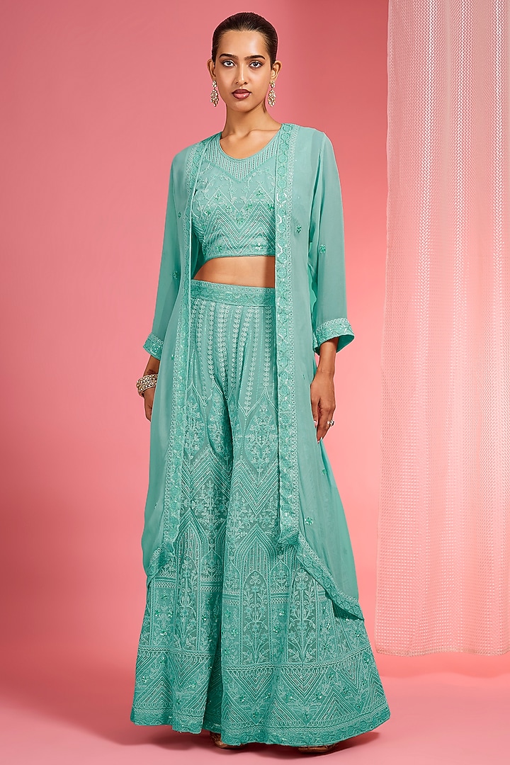 Sea Green Georgette Dori & Resham Work Wedding Sharara Set by Milu Madan at Pernia's Pop Up Shop