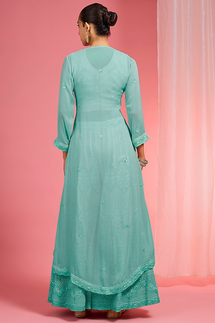 Sea Green Georgette Dori & Resham Work Wedding Sharara Set by Milu Madan at Pernia's Pop Up Shop