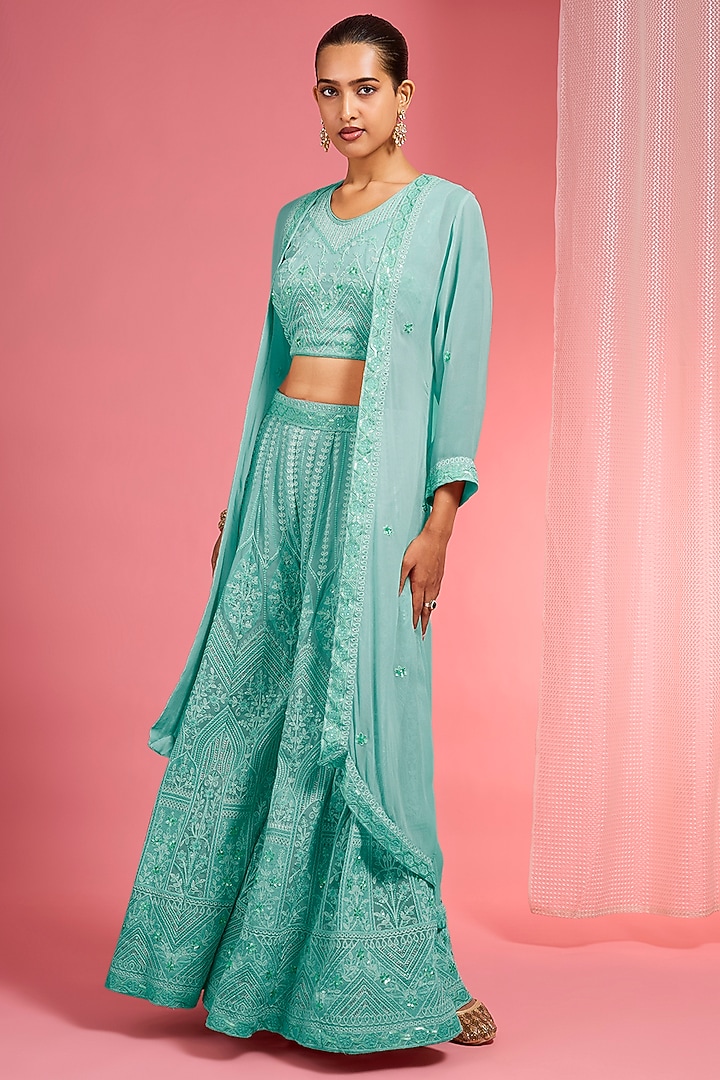 Sea Green Georgette Dori & Resham Work Wedding Sharara Set by Milu Madan at Pernia's Pop Up Shop