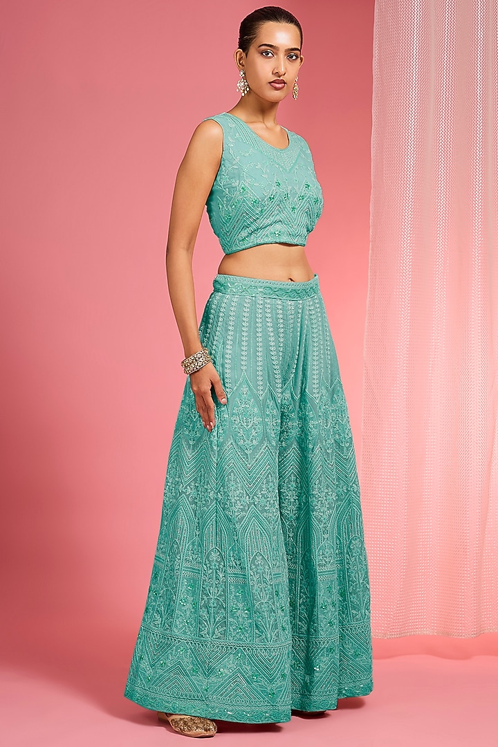 Sea Green Georgette Dori & Resham Work Wedding Sharara Set by Milu Madan at Pernia's Pop Up Shop