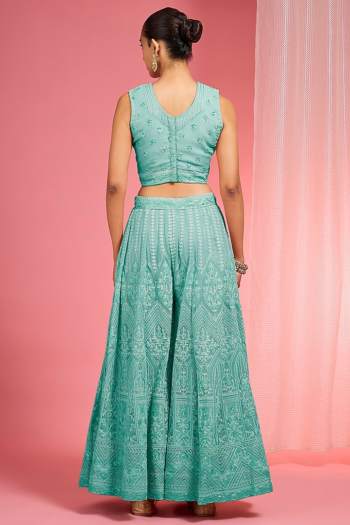 Sea Green Georgette Dori & Resham Work Wedding Sharara Set by Milu Madan at Pernia's Pop Up Shop