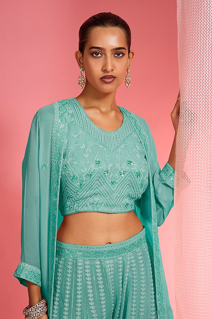 Sea Green Georgette Dori & Resham Work Wedding Sharara Set by Milu Madan at Pernia's Pop Up Shop