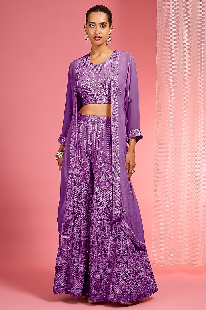 Purple Georgette Dori & Resham Work Wedding Sharara Set by Milu Madan at Pernia's Pop Up Shop