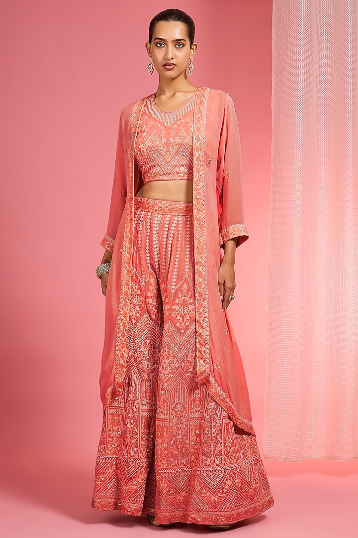 Light Orange Georgette Dori & Resham Work Wedding Sharara Set by Milu Madan at Pernia's Pop Up Shop