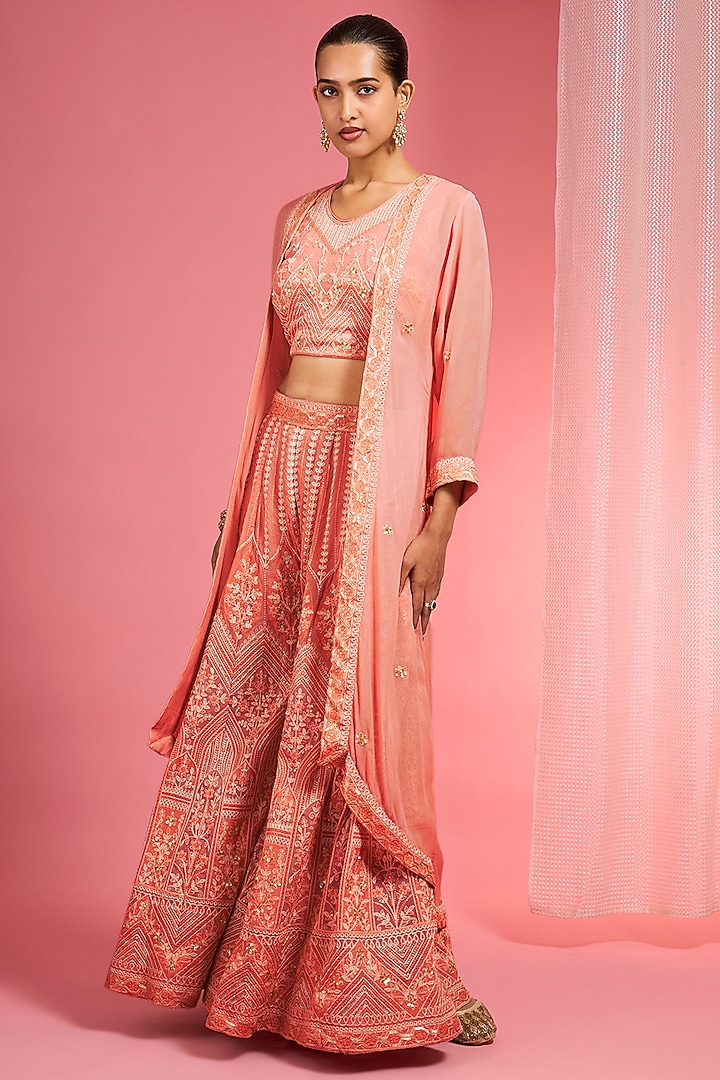 Light Orange Georgette Dori & Resham Work Wedding Sharara Set by Milu Madan at Pernia's Pop Up Shop