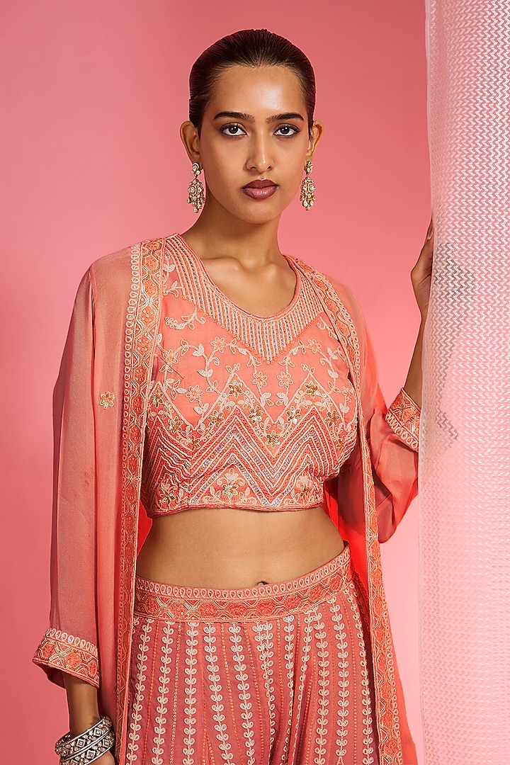 Light Orange Georgette Dori & Resham Work Wedding Sharara Set by Milu Madan at Pernia's Pop Up Shop