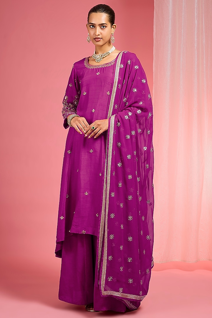 Purple Viscose Dupion Silk Party Wear Sharara Set by Milu Madan at Pernia's Pop Up Shop